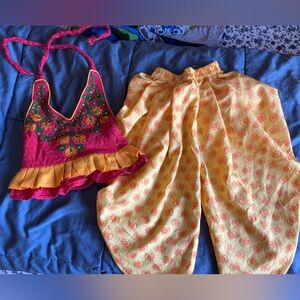 Baby girl Indian wear Pink and Yellow Embroidered Halter Top and Pants Set